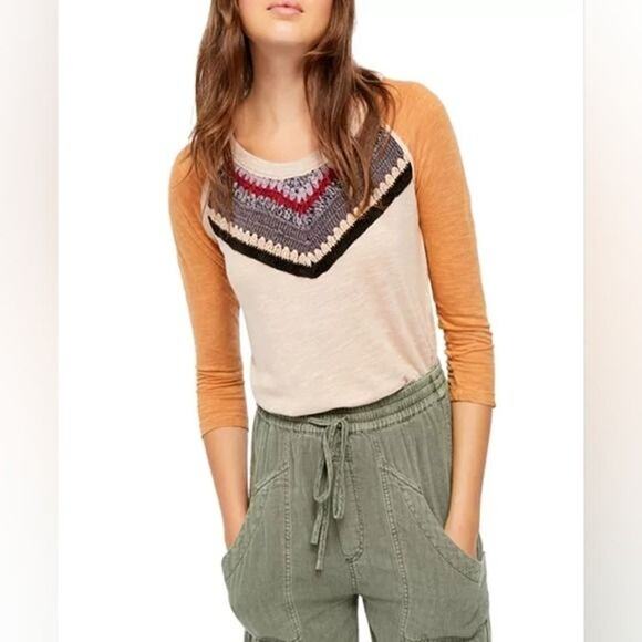 Free People We The Free Spring Bound Crochet Cotton & Linen Blend Baseball Tee - Picture 3 of 16